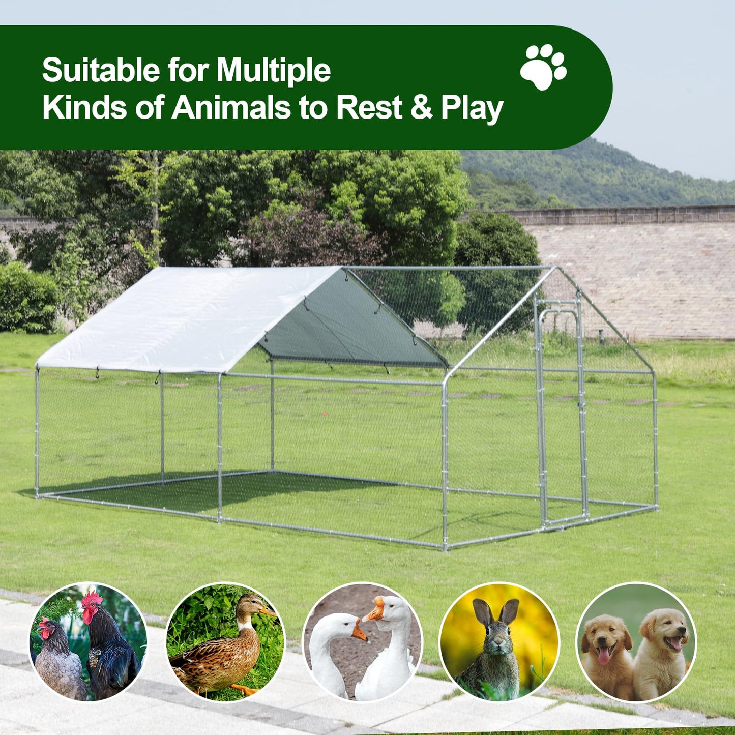 Large Chicken Run Metal Chicken Coop, Outdoor Dog Kennel with Roof Waterproof Anti-UV Cover Secure Lock for Outside Backyard Farm(13.1' L x 9.8' W x 6.56' H)