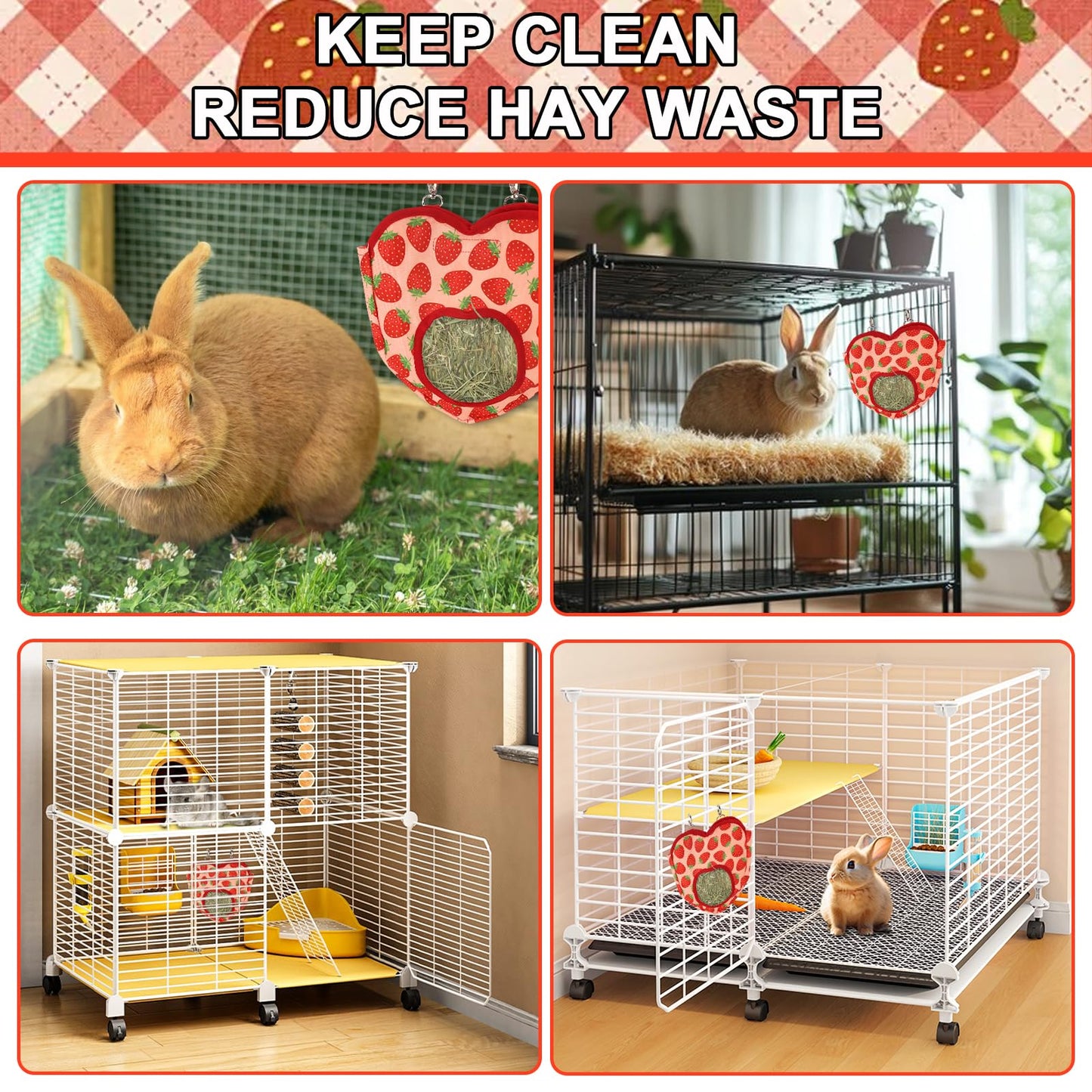 ABTOLS Rabbit Hay Feeder Bags, Hanging Hay Feeder for Cage Guinea Pigs Chinchillas Hamsters Heart Shape Red Strawberry Bunny Small Animal Pet Cartoon Hay Bag