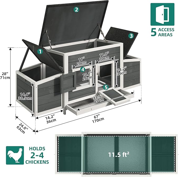 YITAHOME Chicken Coop 11.5ft² Large Wooden Chicken House Chicken Pen Outdoor with 2 Nesting Boxes Poultry Cage Rabbit Hutch Duck Cage with Weatherproof Roof (Grey)