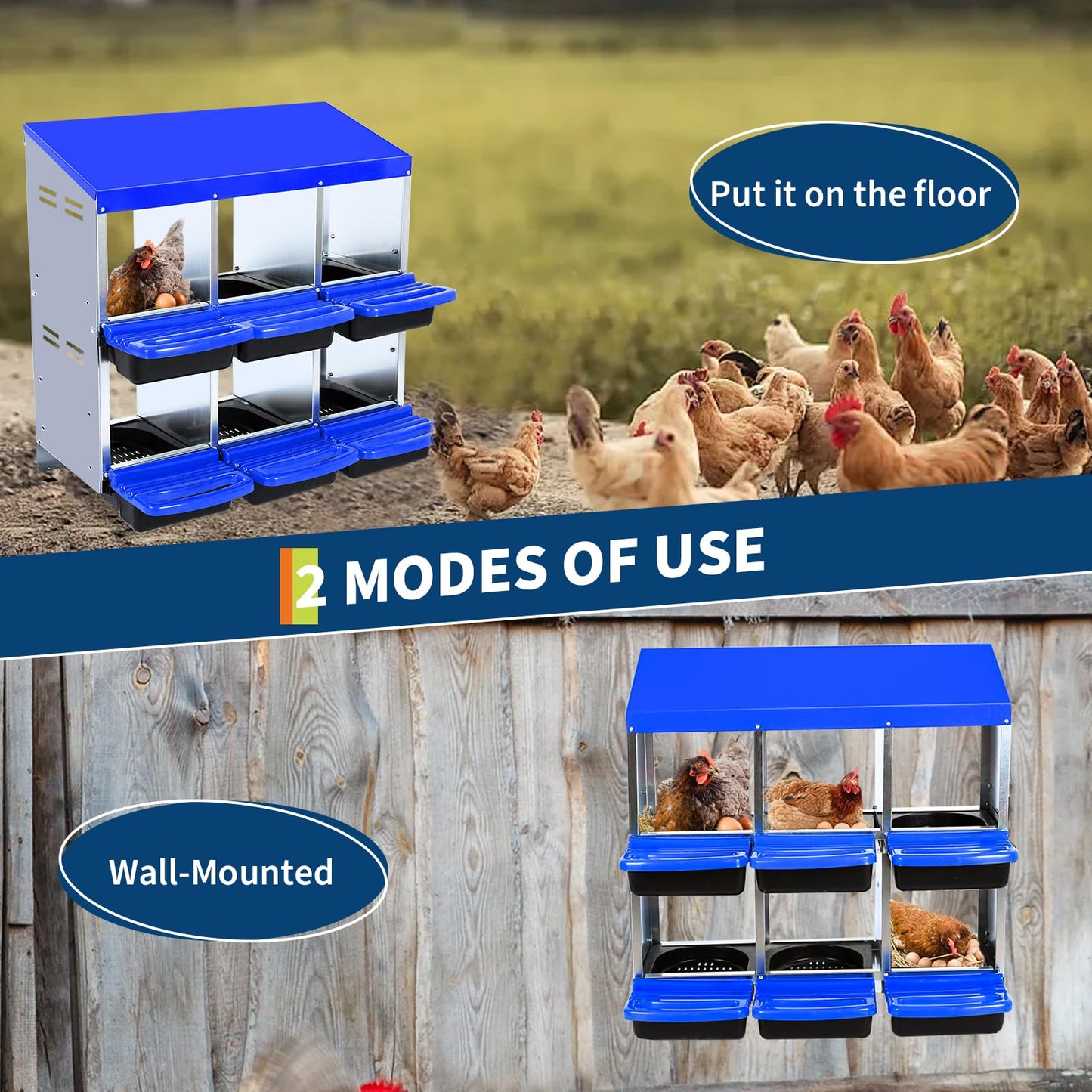 6 Hole Chicken Nesting Box, Ventilated Metal Nesting with Roll Away Nesting Box, Rustproof Plastic Tray & Keyhole Mounting, Chicken Laying Box for Hen & Duck, Blue