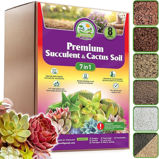 DUSPRO Succulents Soil Potting Mix – 7 in 1 Ingredients Well-Draining, Nutrient-Rich Cactus Potting Soil for Succulents and Cacti, Indoor & Outdoor Use, Ready to Use, Supports Healthy Root Growth, 8QT