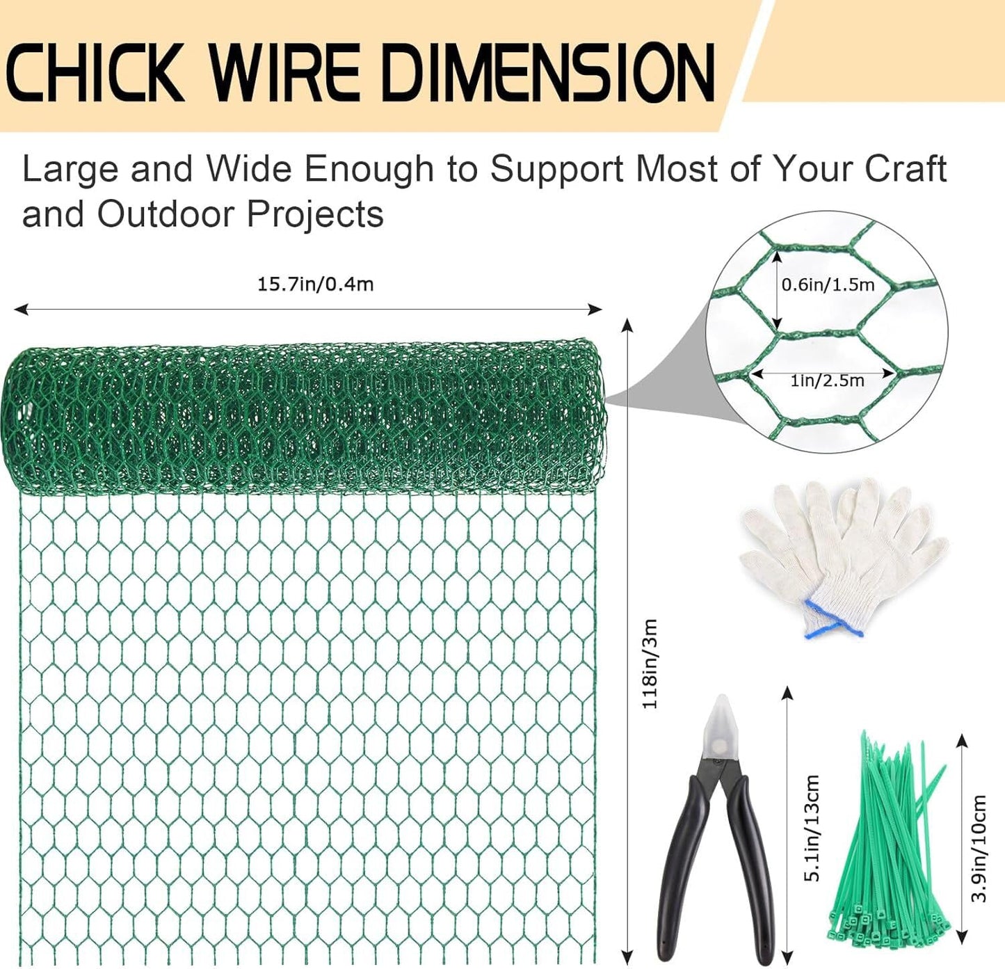 Chicken Wire 15.7in x 118in with a Pair of Gloves，1 Wire Cutter，50 Pcs Cable Zip Ties, Floral Chicken Wire Mesh 0.8in Hexagonal Galvanized PVC Coated Garden Netting Fence for Craft Poultry Garden