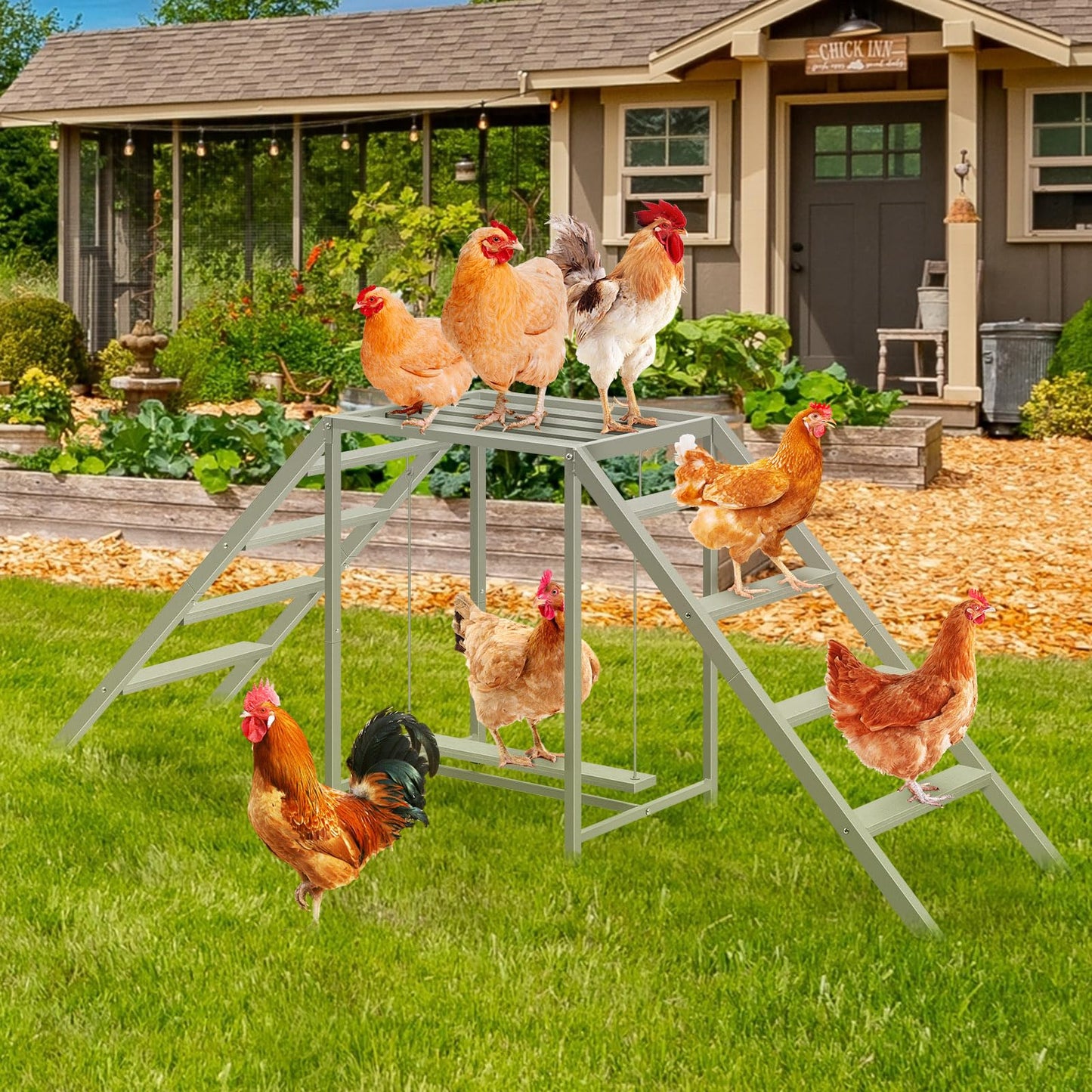 Chicken Coop Perches with Swing, Chicken Roosting Bars, Chicken Run Accessories Toy, Wooden Ladder for Pet's Healthy & Happy, Sturdy and Easy to Clean, Suitable for Backyard Farm