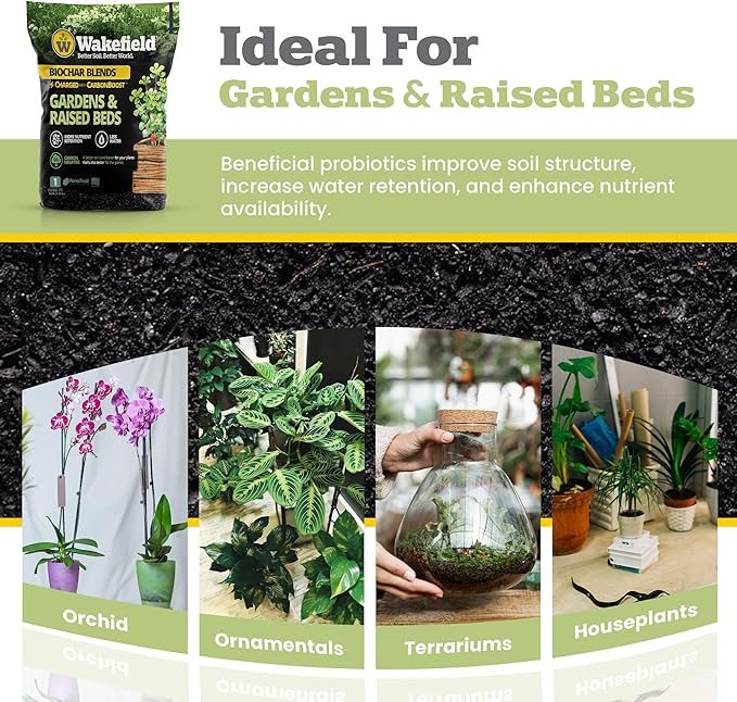 Wakefield Biochar Blend with CarbonBoost™ Technology – Enhanced Water & Nutrient Retention for Raised Bed Garden Soil - Ultimate Organic Potting Soil Mix for Vegetables, Gardens and Houseplants - 1CF