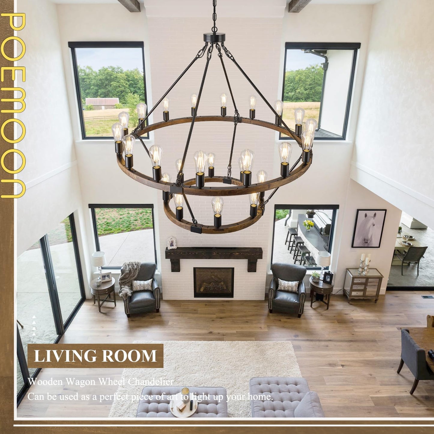 Poemoon 2 Tier Wooden Wagon Wheel Chandelier 43.3'' Farmhouse 24 Lights(16+8) Black Rustic Light Fixture 2-Story Round Wood Chandelier for High Ceiling Living Dining Room Foyer Villa