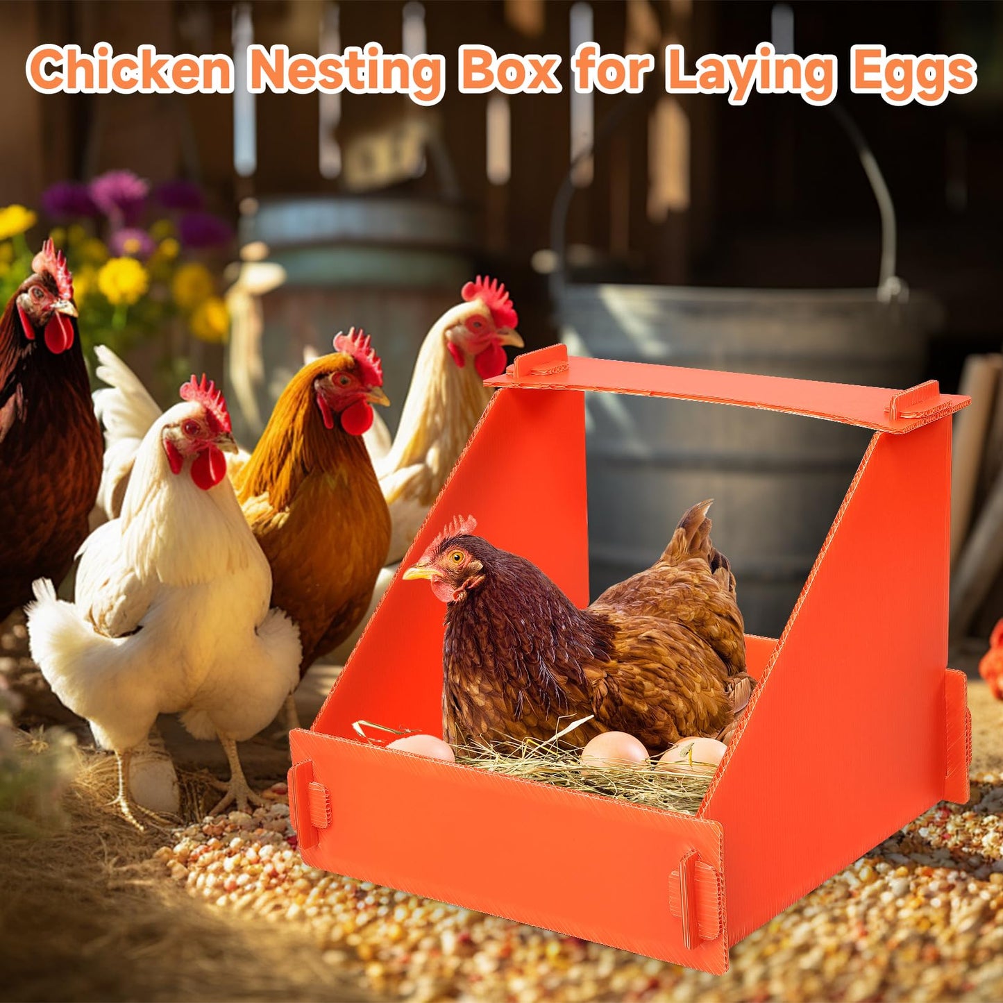 EARTHSON Orange 4 Pack Nesting Boxes for Chickens, Plastic Chicken Coop with 1 x Chicken Feeder, Indoor/Outdoor Use