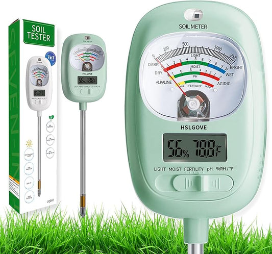 HSLGOVE Soil Test Kit, 7-in-One Soil Moisture Meter/Soil PH Meter/Fertility, Dual Screen Soil Tester w/Digital Soil Temp/Air Temp&Humidity for Plants Gardening,Lawn,Farm Indoor&Outdoor-LeafGreen