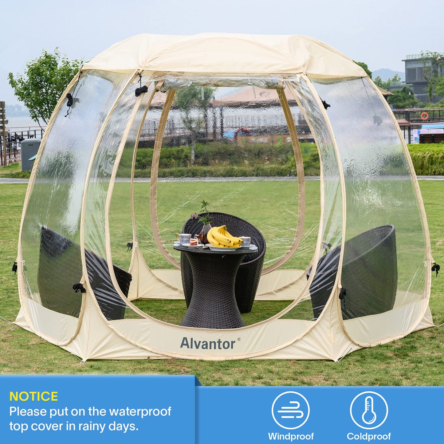 Alvantor 10' x 10' Pop Up Bubble Tent - Instant Igloo Tent for 4-6 People - Weatherproof Screen House - Cold Protection Camping Shelter - Beige