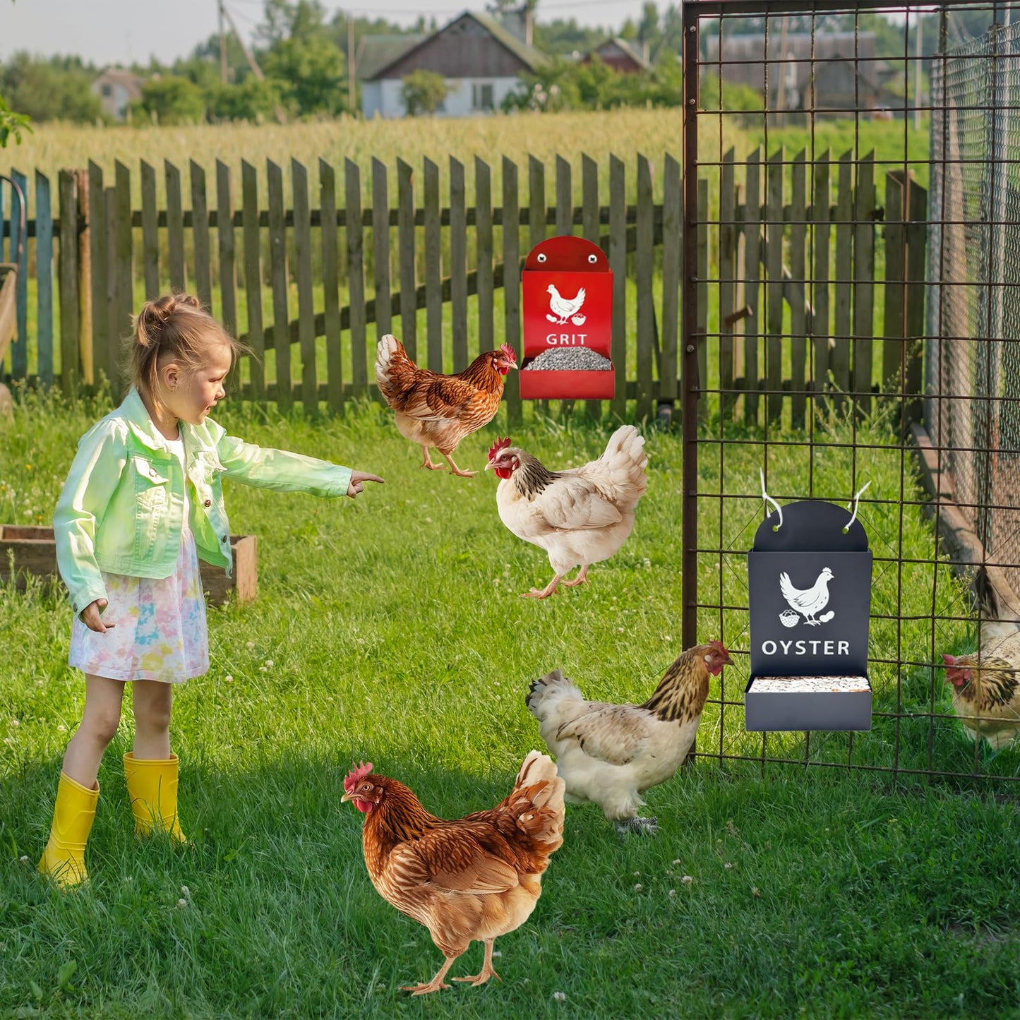 Automatic Chicken Oyster Shell & Grit Feeder,Hanging Metal Poultry Feeder Trough, Gravity-Fed Chicken Coop Accessory, Durable Black + Red Design