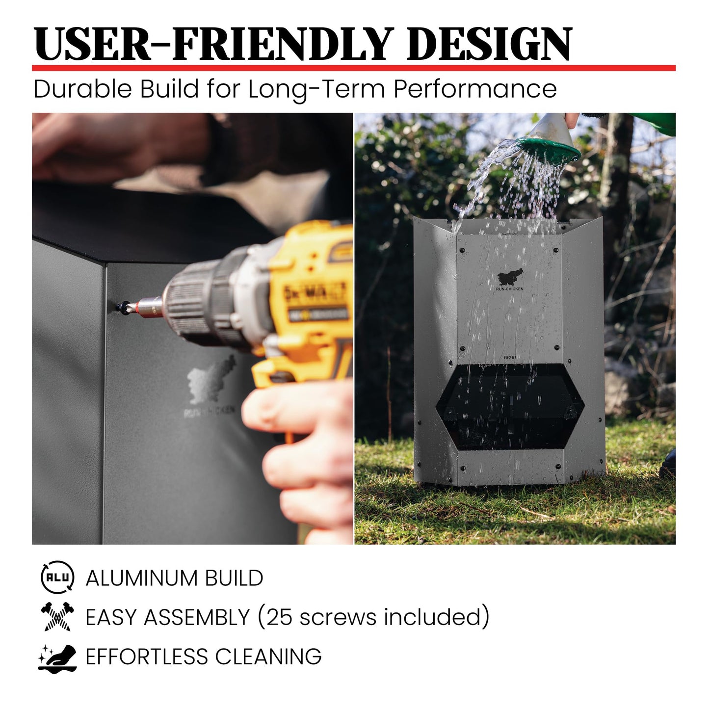 RUN-CHICKEN Feeder (Gray) Automatic Chicken Feeder, Battery Operated, Programmable Safety Hatch with Timer,19.8 lbs Feed Supply, Pest Proof, Chicken Coop Accessories, Model F80