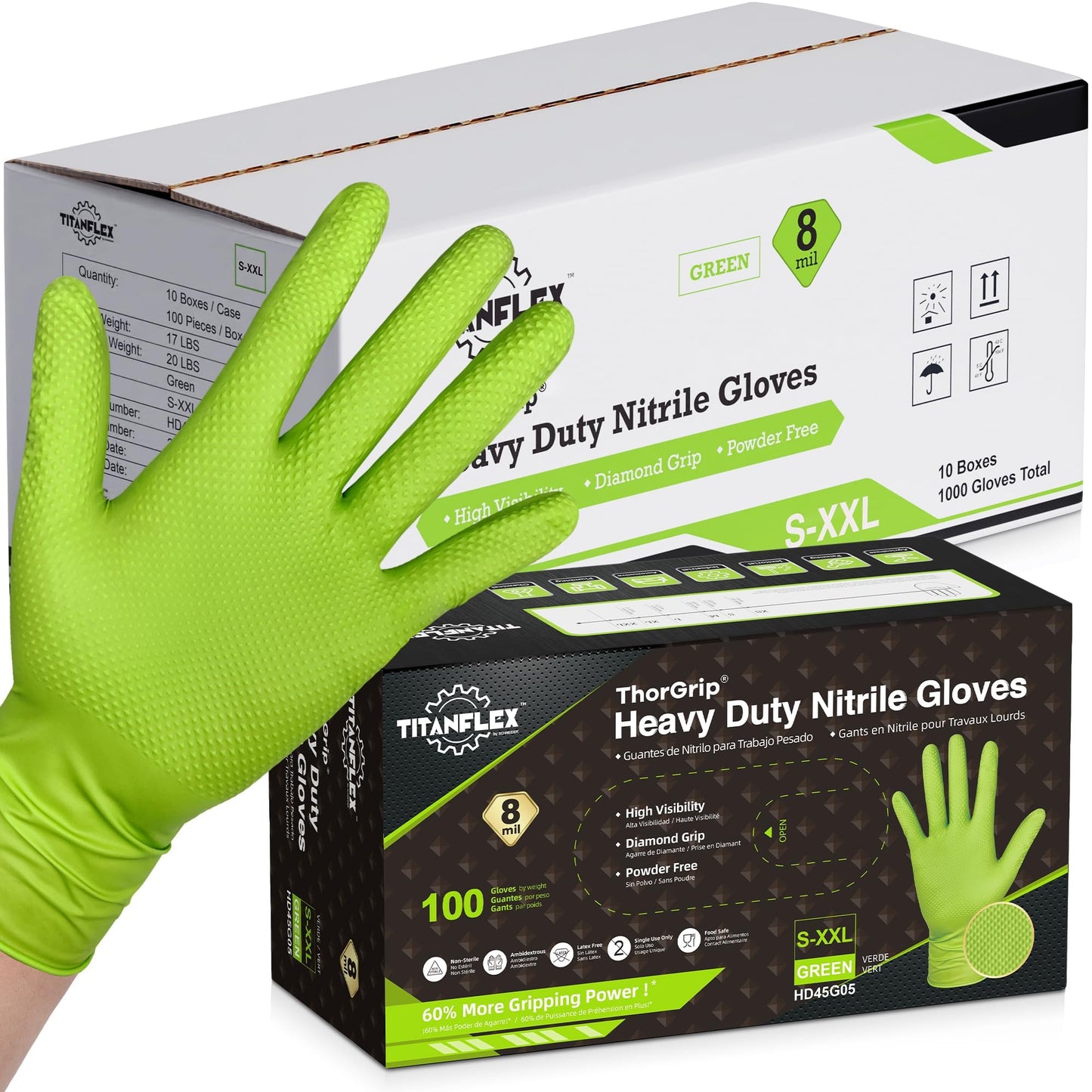 TitanFlex Heavy Duty Green Industrial Nitrile Gloves, 8-mil, Large, Case of 1000, Latex Free, Raised Diamond Texture Grip, Powder Free, Food Safe, Rubber Gloves, Mechanic Gloves