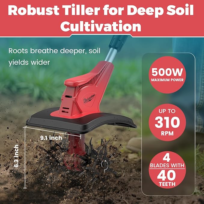Cordless Electric Garden Tiller Cultivator Compatible with Milwaukee 18V Battery(Tool Only), Folding Electric Rototiller Features 40 Steel Tines 310RPM, Red