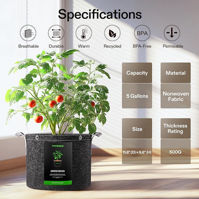 VIVOSUN 5-Pack 5 Gallon Grow Bags, 500G Thick Nonwoven Fabric Pots with Strap Handles, Multi-Purpose Rings, for Low Stress Plant Training Fruits, Vegetables, and Flowers