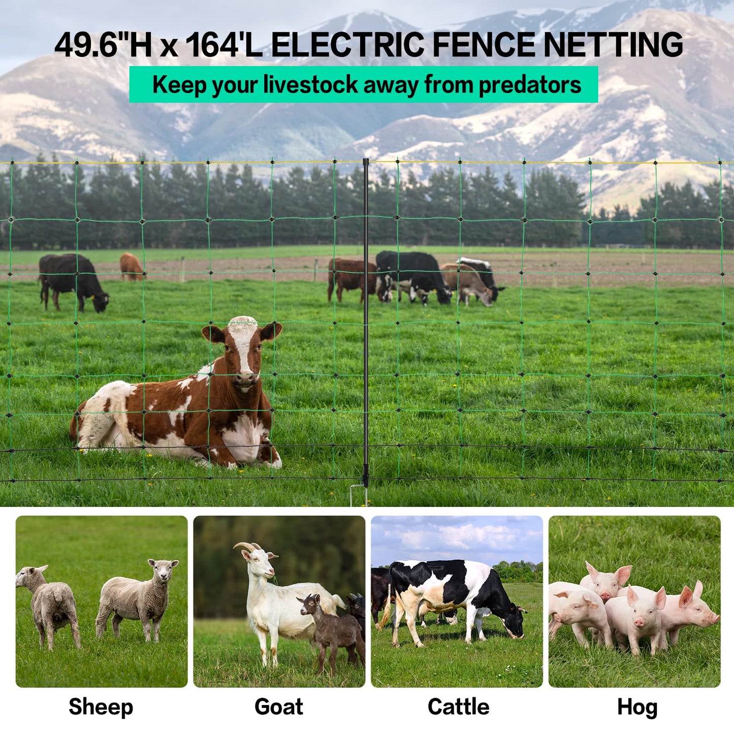 Electric Fence Netting, 49.6" H x 164' L, PE Net Fencing Kit with 14 Posts Double Spiked, Utility Portable Mesh for Sheep Hogs Goats Deer Dogs Lambs Used in Backyards Patio Farms Ranches, Green