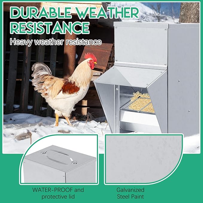 Uiifan 2 Pcs 11.5-50 Lbs Galvanized Chicken Feeder Weatherproof Poultry Food Dispenser with Lid Chicken Duck Food Dispenser Rat Proof Poultry Feeder for Cock Hen Duck(11.5 lb)