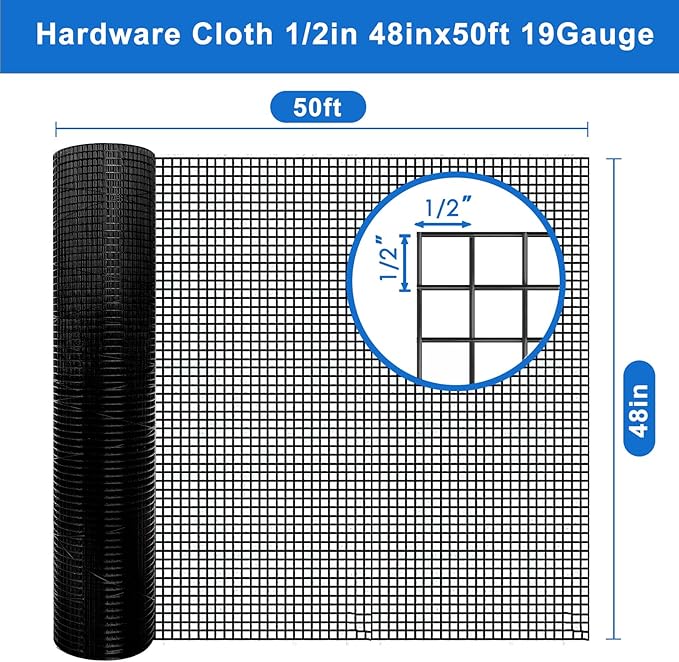 1/2 inch Hardware Cloth 48" x 50' 19 Gauge - Black Vinyl Coated Mesh Roll Perfect for Chicken Wire Fencing and Garden Protection, Ideal Tree Guard Solution