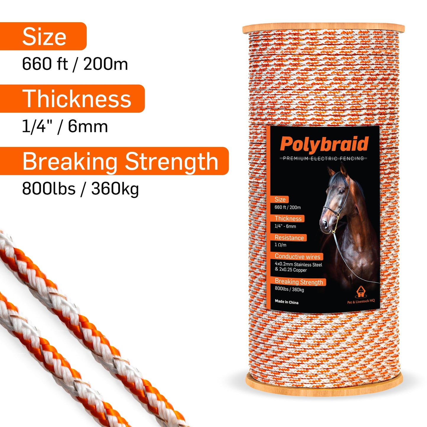 Electric Fence Polybraid 660ft Thickness 1/4" - Premium Heavy Duty Braided Polyrope - High Visible Rope Fencing for Horse, Cattle, Livestock - 6 Wire Conductors: 2X Cooper and 4X Stainless Steel