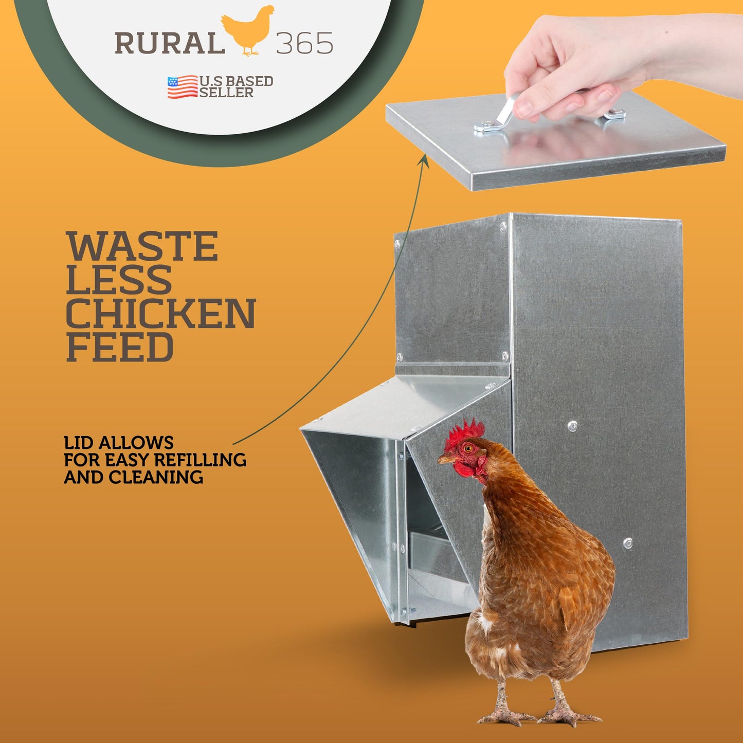 Rural365 11.5lb Capacity Galvanized Chicken Feeder - Rat Proof Poultry Feeder with Lid Weatherproof Outdoor Coop Food Dispenser