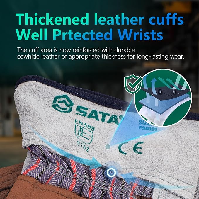 SATA Heavy Duty Halfleather Work Gloves, Doublelayer Cowhide, Cotton Lining, Leather Palm, Gardening, Yard Gloves