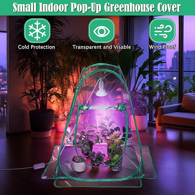 Meonum Mini Greenhouse with 10W 200 LED Grow Light Bulbs for Indoor, 27" x 27" x 30" Pop Up Small Greenhouse Cover with Bottom Waterproof Bottom Mat for Indoor Outdoor Plants Seed Starting