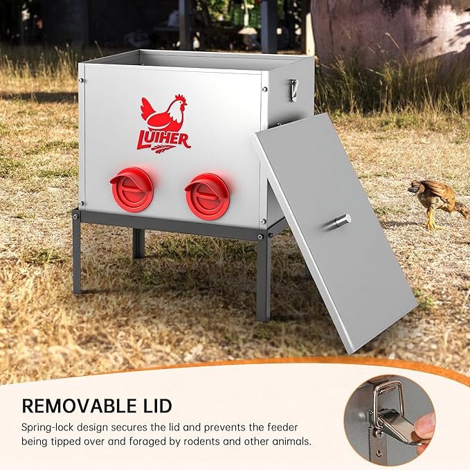 LUIHER Chicken Feeder - 40lb 6 Ports Large Capacity Galvanized Metal Poultry Feeder with Legs and Lids - Reduces Refilling Frequency - No Waste Chicken Feeding Equipment for Hen Coop
