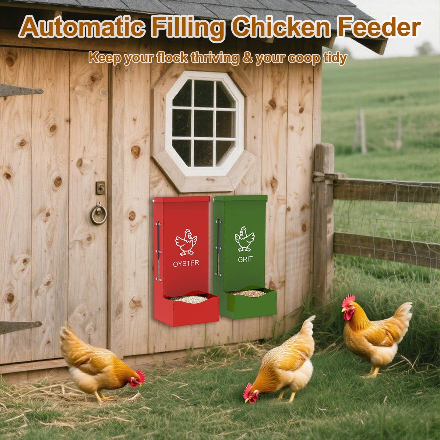 ULENDIS 2 Pack Chicken Oyster Shell Feeder and Grit Feeder, Heavy Duty Metal Automatic Chicken Feeders with Lid, Gravity-Fed Chicks Food Dispenser Hanging Poultry Feeders for Coop Ducks, Pigeons