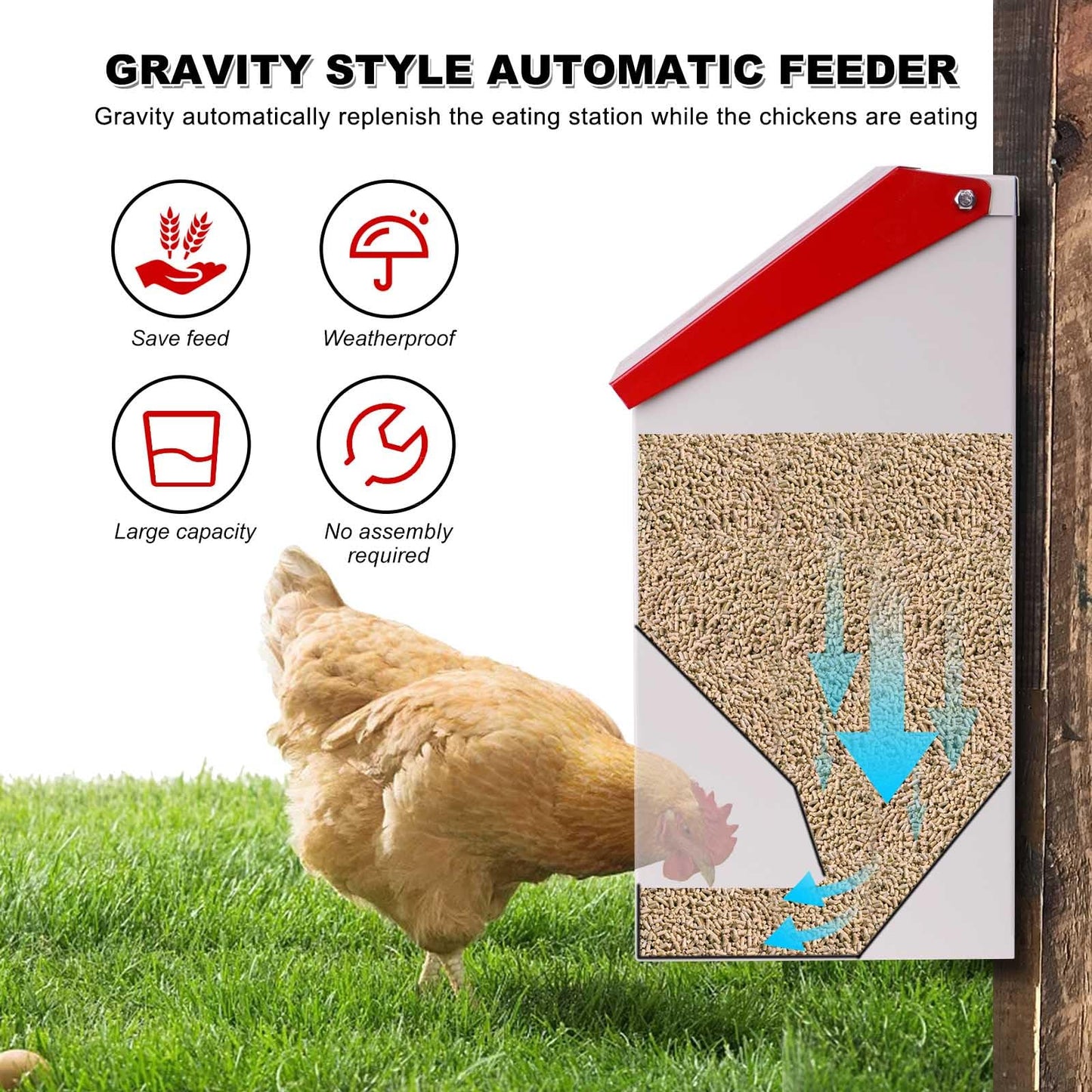 ZHEQOGZH Automatic Metal Chicken Feeder Galvanized Poultry Feeder with Lid Outdoor Wall Mount Chicken Food Dispenser Gravity Fed Chicken Feeder Weatherproof No Waste Quail Duck Feeder (10LBS)