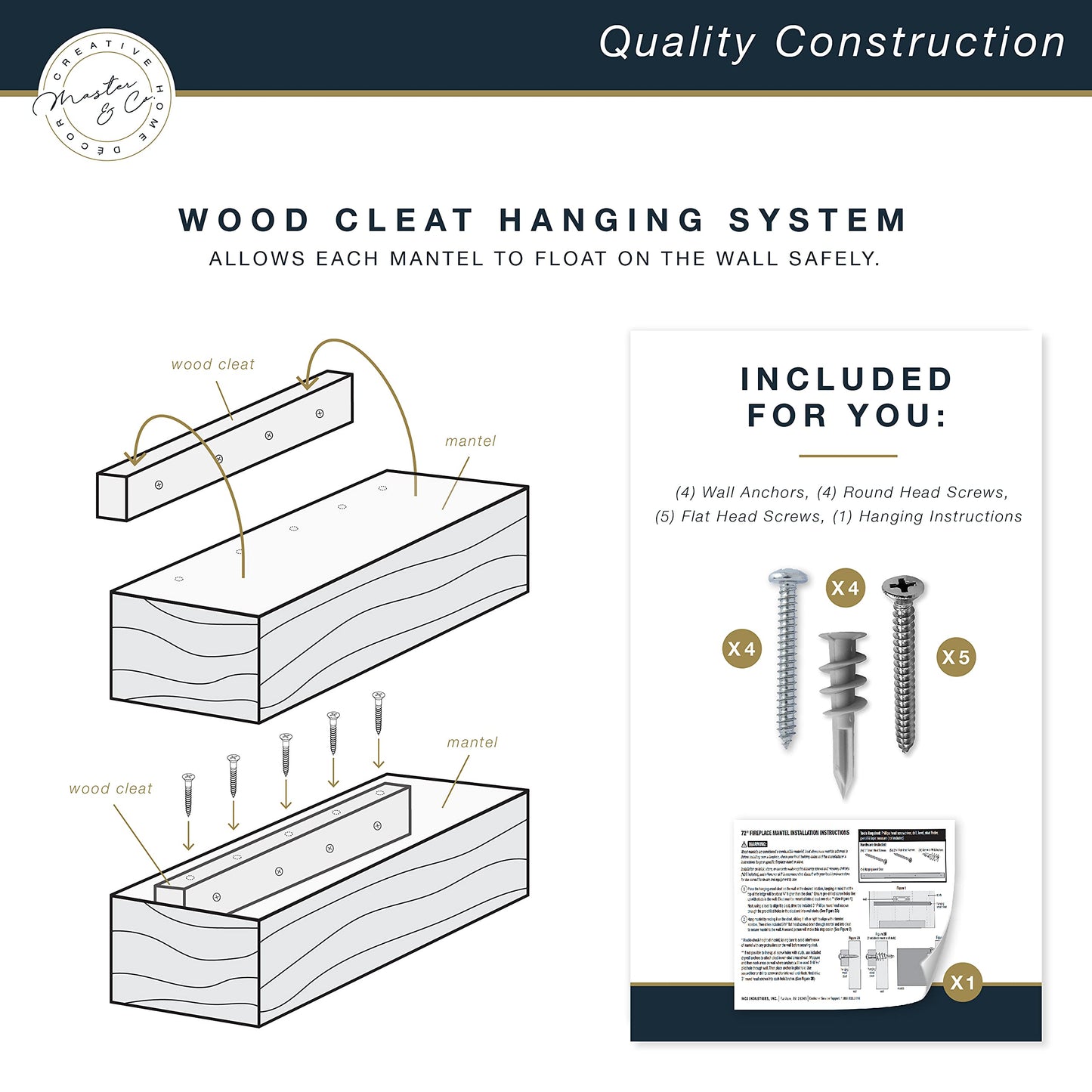 MCS 72-Inch Mantel, Master & Co Warm Gray Finsh Solid Wood Floating Fireplace Mantel, Long Floating Shelf for Livingroom with Wood Cleat Hanging System, Photo and Home Decor Display Shelf