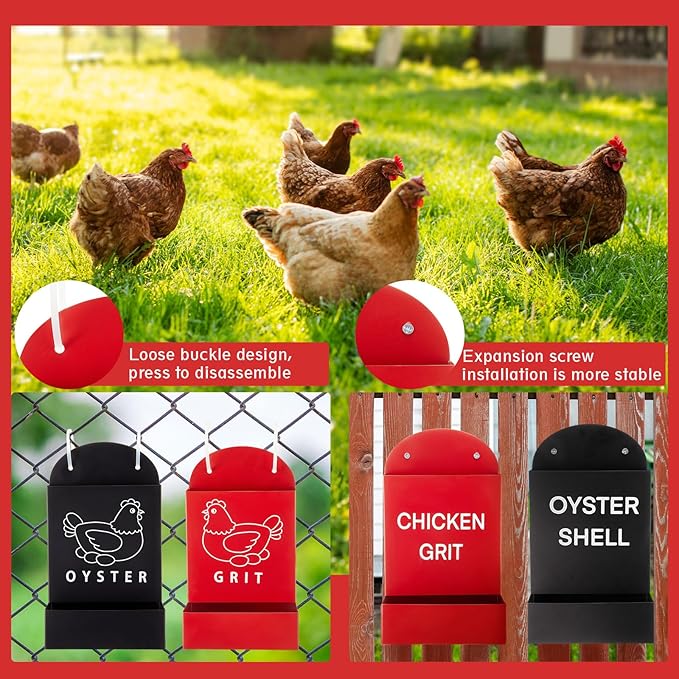 Leinuosen 4 Pack Metal Chicken Oyster Shell and Grit Feeder Combo Large Capacity Hanging Chicken Feeder Trough Automatic Gravity Poultry Coop Accessories Water Dispenser for Chicks, Ducks, Quail