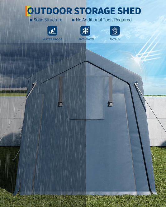 6x8 FT Outdoor Storage Shed, Portable Carport with Roll-up Ventilated Zipper Door and Windows, Heavy Duty Waterproof Tarp, Storage Sheds for Motorcycle, Bike, Firewood, Garden Tools