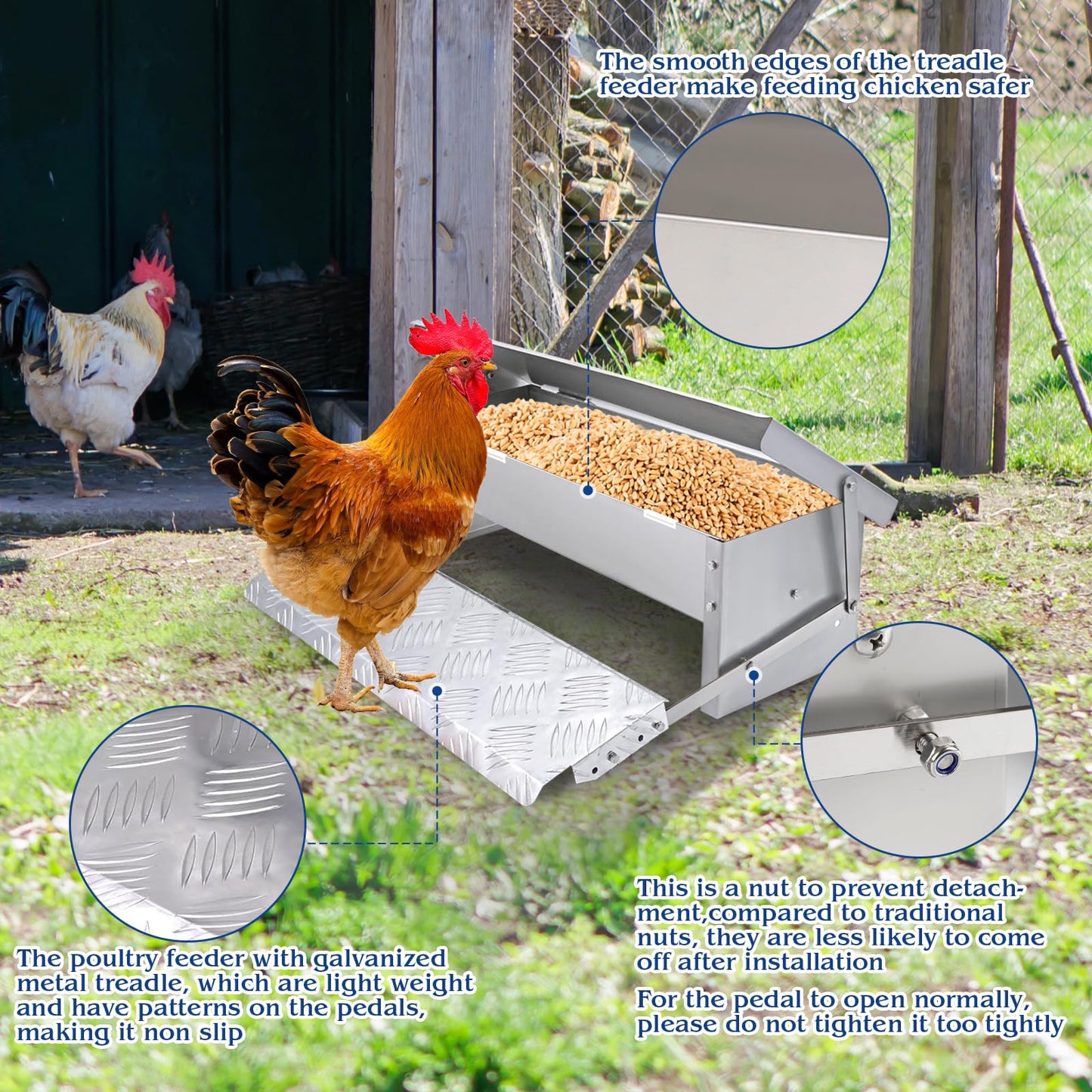 MUDUOBAN Treadle Chicken Feeder Rodent Proof No Waste,15lbs Large Capacity Chicken Grit and Oyster Shell Feeder for Poultry Duck,with Weatherproof Lid