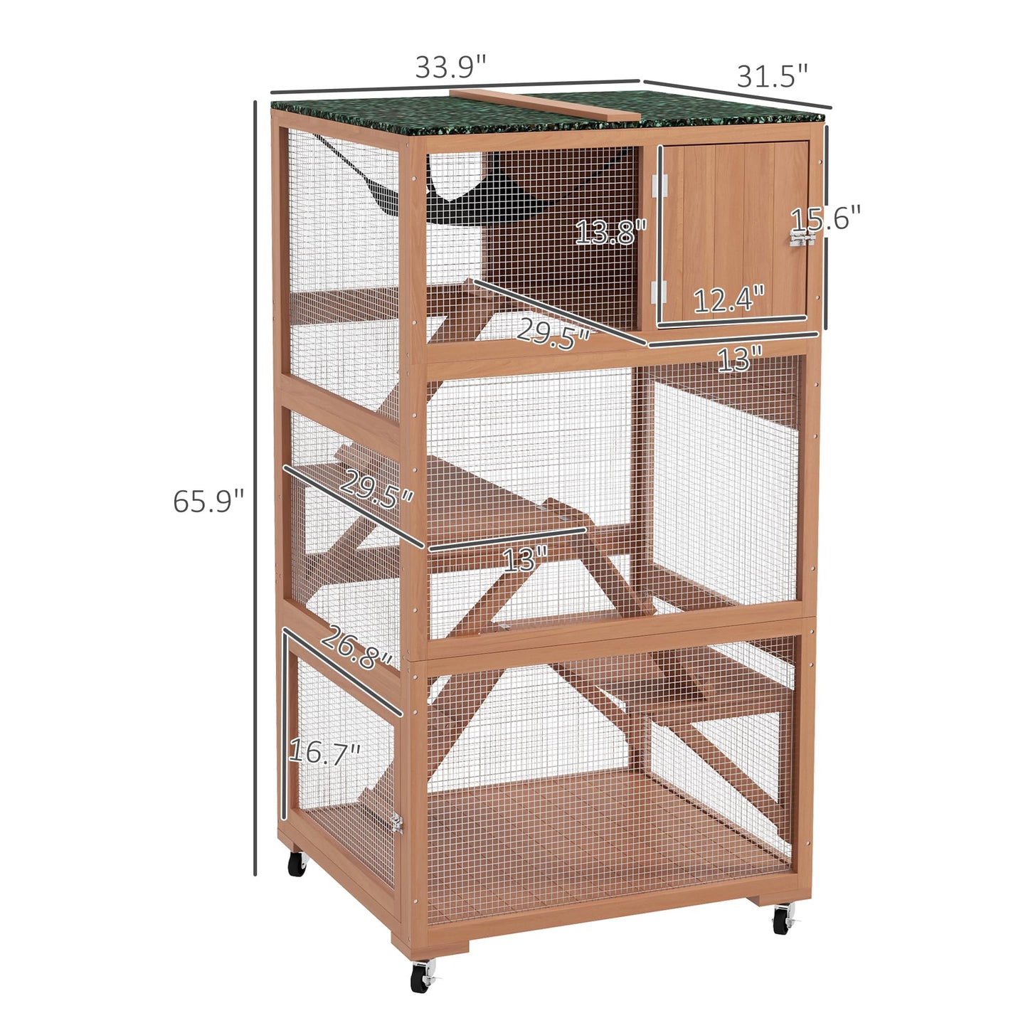 PawHut Catio, Outdoor Cat Enclosure House, Wooden Feral Cat Shelter on Wheels, Cat Cage with Hammock, Platforms Ramps, and Weather Protection Asphalt Roof, 34", Orange