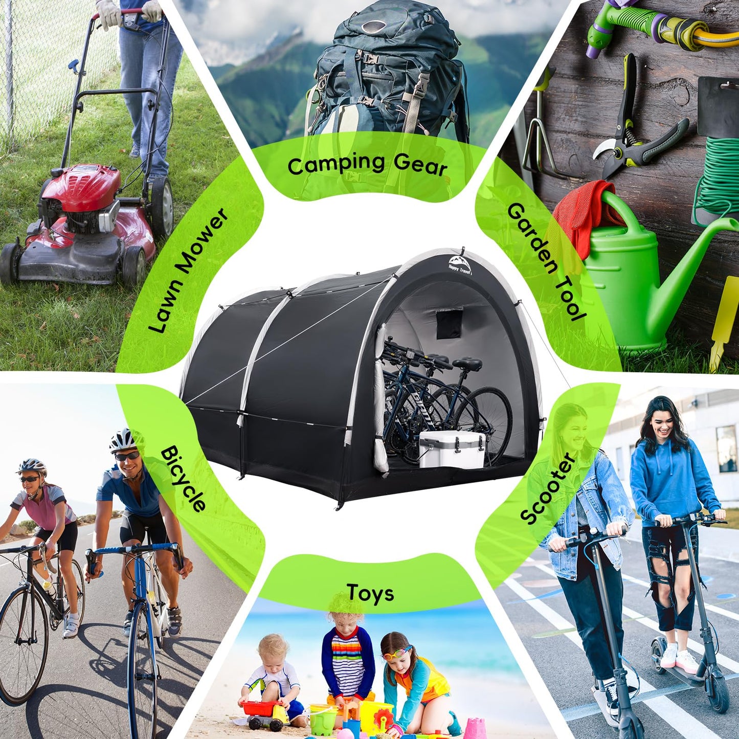 Happy Travel Bike Storage Tent Shed, Outdoor Waterproof Bicycle Covers Shelter with Window for 2/3/4/6/8 Bikes,Oversized Outside Portable Sheds for Lawn Mower,Garden Tools