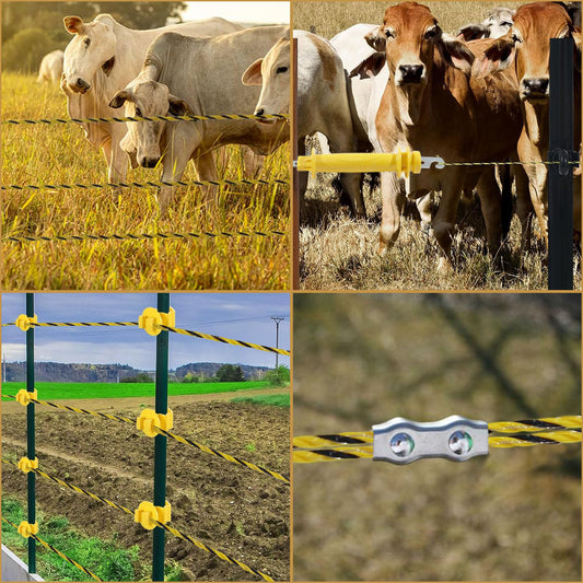 Electric Fence Wire Kit - 1312 Feet 400 Meters Electric Fence Polywire, 50 PCS T-Post Insulators, 25 PCS M4 Heavy Duty Poly Rope Connectors, 5 PCS Robber Electric Fence Gate Handle Insulators