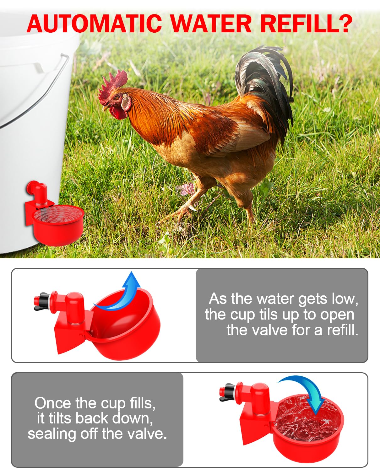 Professional Chicken Waterer Cups, 30 Packs Large Automatic Poultry Water Feeder with Tee Fittings - Leakproof Design for Ducks, Chickens, Geese, Turkeys, Birds - Includes Mounting Hole Opener Tool