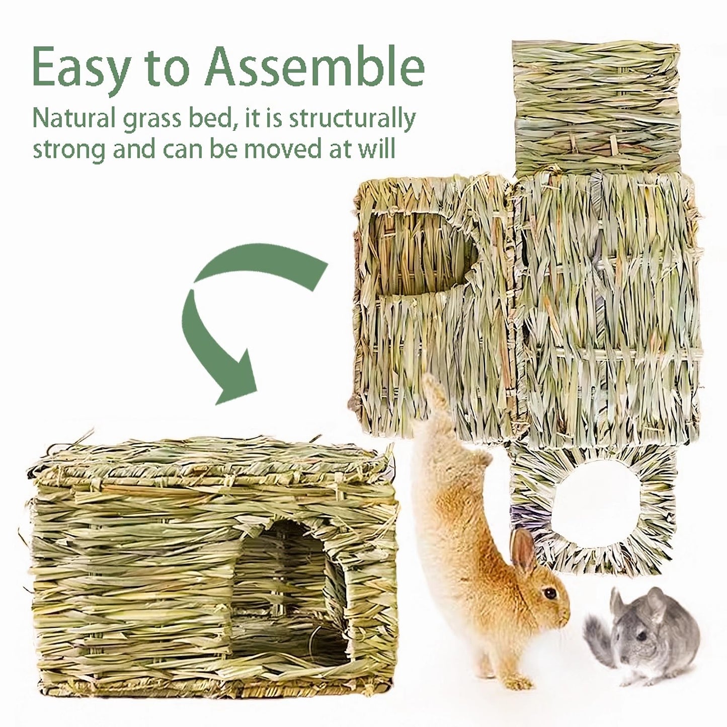WUWEOT 2 Pack Large Grass Bunny House, Foldable Rabbit Hut, Play Hideaway Bed Hay Mat Chew Toy for Rabbit, Guinea Pigs, Gerbils, Hamster and Small Animals, 11"x8"x8"