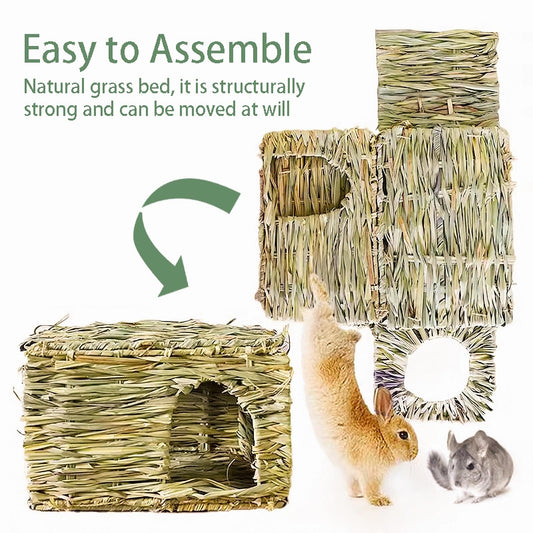 WUWEOT 2 Pack Large Grass Bunny House, Foldable Rabbit Hut, Play Hideaway Bed Hay Mat Chew Toy for Rabbit, Guinea Pigs, Gerbils, Hamster and Small Animals, 11"x8"x8"
