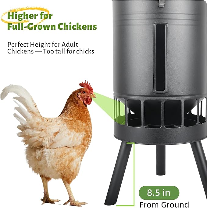 KOL Metal Chicken Feeder No Waste - 50lbs Poultry Feeder with 16 Ports, Powder Coated Rust-Proof Design & Smooth Edges for Safe Feeding (Black)