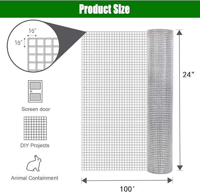 GANGHAO Hardware Cloth 19 Gauge 1/2 inch 24 x 100 ft, Chicken Wire Mesh Roll, Wire Fencing, Wire Fence Roll, Galvanized Wire Mesh, Guard Mesh (24"×100')