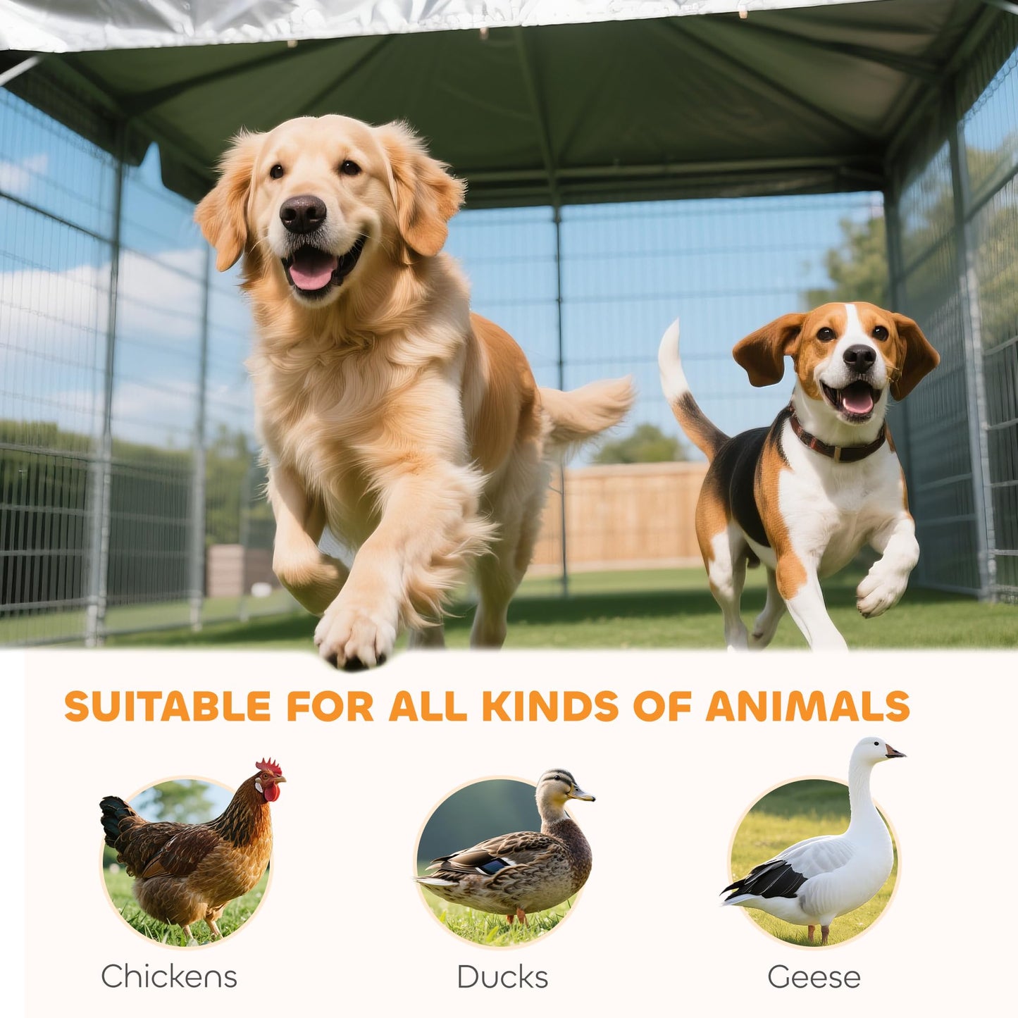 PawHut 4' x 4' x 4.5' Outdoor Dog Kennel, Welded Wire Dog Kennel Outside Run with 360° Rotating & 4 Level Adjustable Bowls, Waterproof & UV Resistant Cover, for S&M Breeds, Chickens, Ducks, Silver