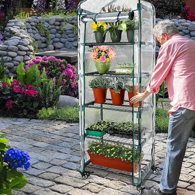 Worth Garden Upgraded 5-Tier Mini Greenhouse with Castors Wheels - Portable Small Gardening Green House with PVC Cover - Heavy Duty Swivel Castors with Brakes - 76''H x 27''L x 19''W Indoor & Outdoor