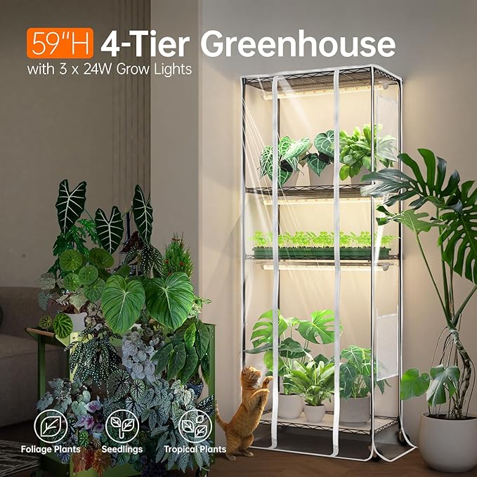 Bstrip Indoor Greenhouse with Grow Light, Metal Plant Stand, 3 Pack T8 2FT Full Spectrum Plant Lights, Timer, Black, 23.5"x13.8"x59"
