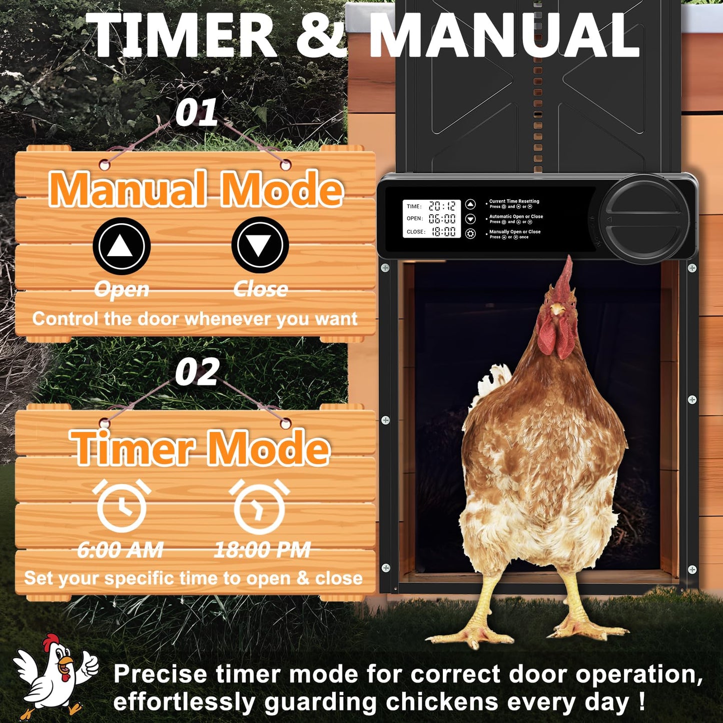 INNOLAND Automatic Chicken Coop Door - Large with Manual & Timer Mode, Automatic Chicken Door | Aluminum Alloy | Anti-Pinch | Large Programmable LCD Screen, Chicken Coop Door with Low Battery Warning