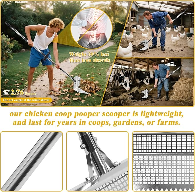 12in Wide chicken poop scooper and rake，Aluminum Poop Scoop Shovel for Cleaning Coops, Sand, Bedding，Adjustable Long Handle， Garden, Farm, Livestock Waste Removal Tool，chicken coop accessories