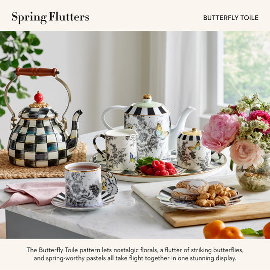 MACKENZIE-CHILDS Set of 3 Ceramic Canisters, Lidded Kitchen Canister Set, Butterfly Toile
