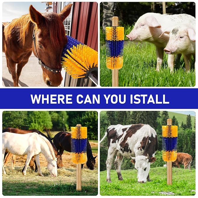 CONLI 2 PCS Livestock Scratching Brush with 4 Screws, Horse Brush with Plastic Bristles for Grooming, Cow Scratcher Goat Scratching Post, Full Massage Grooming Brushes for Horse Sheep Cattle (Yellow)