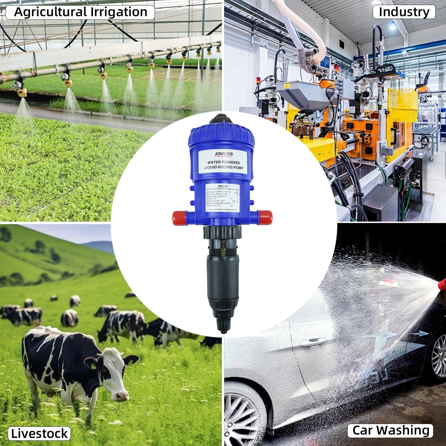 JONFLYER GEN Ⅱ 1-10% Fertilizer Injector Adjustable Chemical Liquid Dosing Pump,13.21 GPM,POM Housing,Water Powered Liquid Dispenser for Drip Irrigation Garden Greenhouse Livestock Water Well
