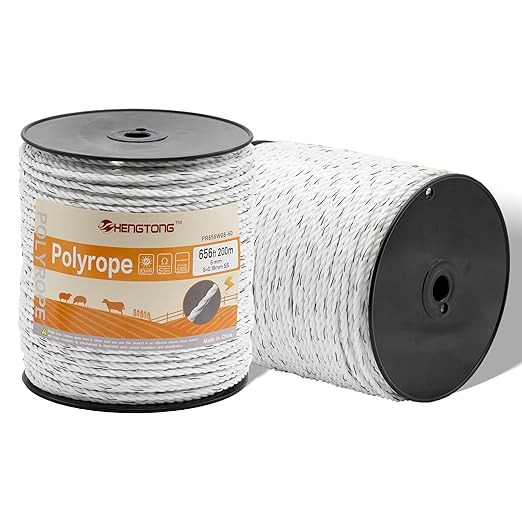 Electric Fence Poly Rope 656ft (200m), 1/4 inch (6mm) Upgraded Portable Polyrope, 6 x 0.18mm Strong SS Conductors, Electric Fence Rope for Horses, Safe Enough for Large Animals (White)