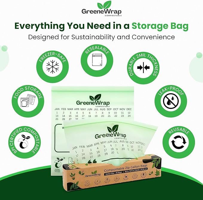 Compostable Snack Size Zip Bags 50 Count Extra Thick 2 mil Resealable, Leak-Proof, Freezer Safe Disposable Food Storage Bags, BPI and OK Compost Home Certified, ASTM D6400