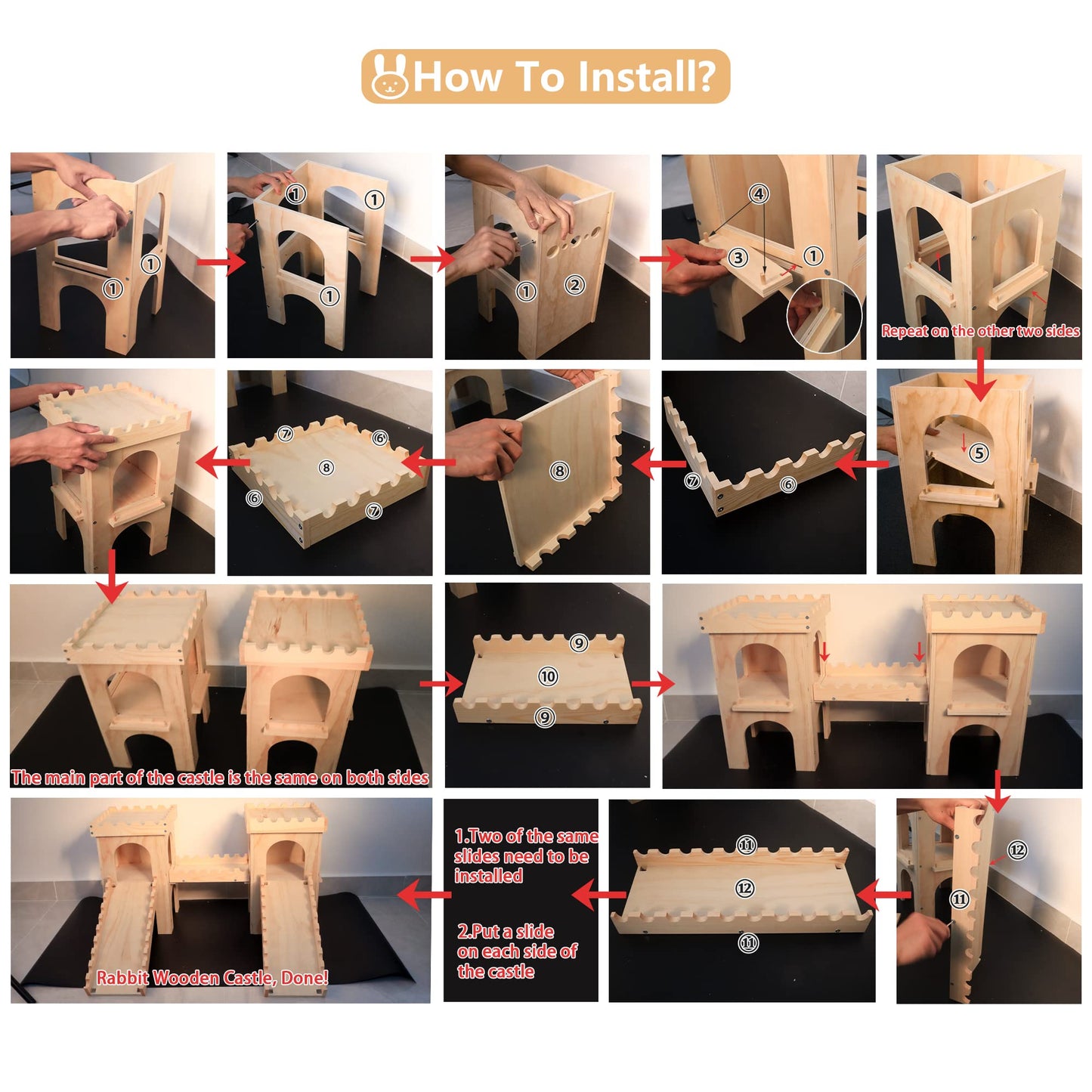 Extra Large Wooden Rabbit Castle Hideaway Tunnel and Bed Small Animal Hideaway Hut Solid Safe Construction Play Hideaway Hut for Rabbit Guinea Pig Chinchilla